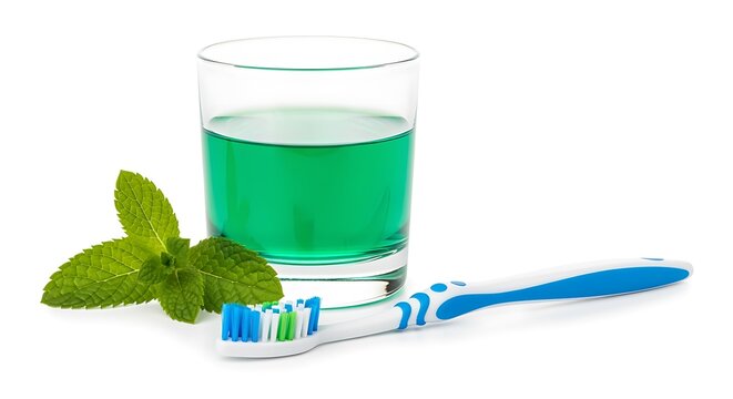 Fresh Mint Leaves Green Mouthwash and Toothbrush for Dental Care