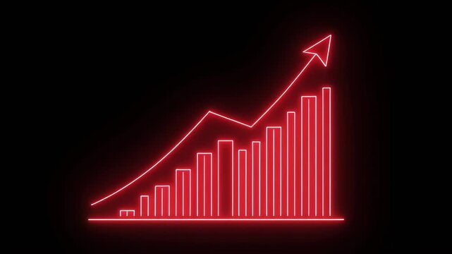 Growing bar chart with rising arrow concept of financial progress and business growth in neon red