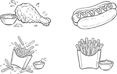 Hand drawn fast food sketch elements collection including hot dog french fries and fried leg vector illustration © MDMOSTOFA