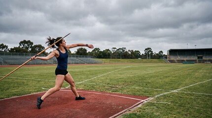 Obraz premium Female athlete in action throwing a javelin during a track and field competition on a cloudy day