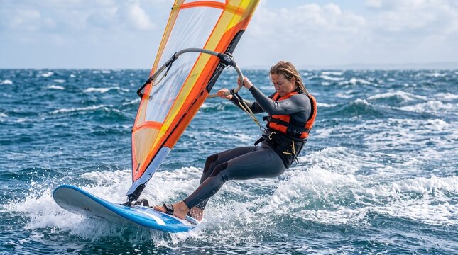 Woman windsurfing on a sunny day with choppy blue ocean waves and a clear sky