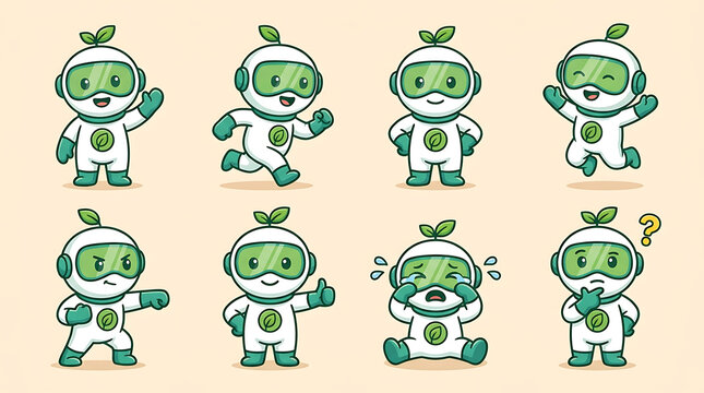 Cute eco robot character vector set with various poses, expressions, and plant sprouts