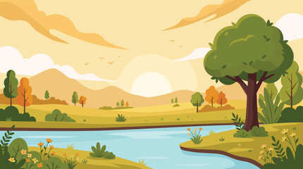 Obraz premium Peaceful river landscape vector illustration with sunset and trees