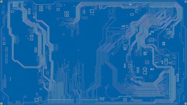 Blue circuit board blueprint with intricate pathways and component outlines against a solid blue background