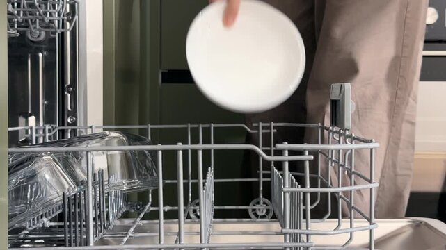 Female hands unloading clean white plates from a modern dishwasher machine rack. Woman takes out washed ceramic dishes inside a contemporary domestic kitchen environment. Everyday household routine