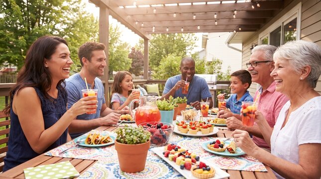 Multi generational family enjoying a summer barbecue meal together on a backyard deck
