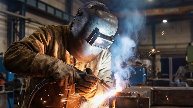 Industrial welder wearing protective gear, performing metal welding amid bright sparks and intense light inside modern factory workshop, 4K video
