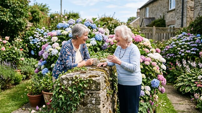 Two elderly women happily chatting in a vibrant garden filled with blooming hydrangeas and roses