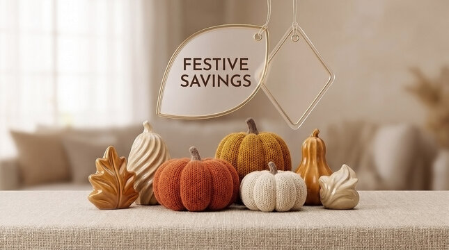 Autumn festive savings promotion concept with transparent hanging tags, knitted and ceramic decorative pumpkins on a textured table in a cozy home interior 