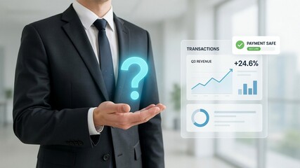 Obraz premium Professional businessman holding glowing question mark icon, financial data dashboard with transaction revenue growth chart, corporate business analysis and secure payment concept