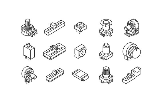 Potentiometer and slide potentiometer vector line icon set with rotary encoders and trimmers