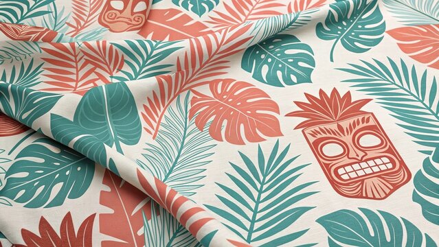 Bright seamless tiki and palm leaf pattern in coral and green, featuring tropical repeating island motifs perfect for summer fabric prints, resort branding, and vacation packaging.