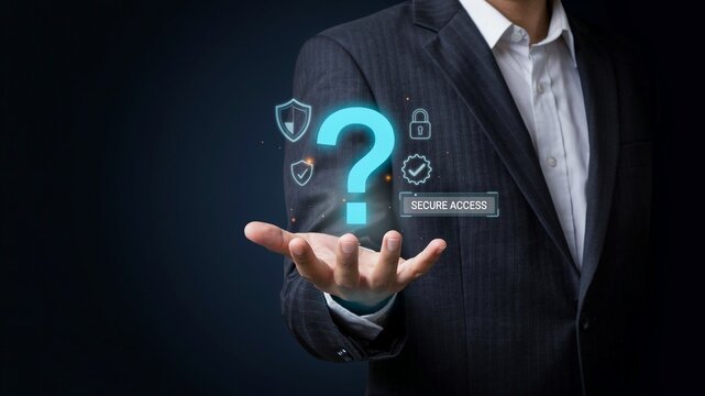 Cybersecurity question mark icon glowing in businessman hand, secure access digital interface for data protection, corporate network safety and privacy support concept for business