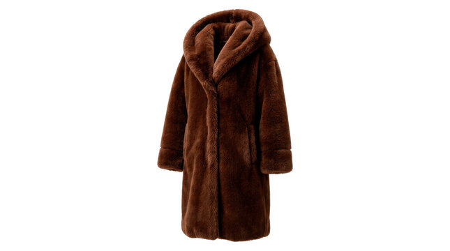 Brown faux fur coat with dense plush faux-fur texture, soft volume and refined luxurious winter silhouette, premium animal-free outerwear, photorealistic, front 3/4 view, vertical orientation,