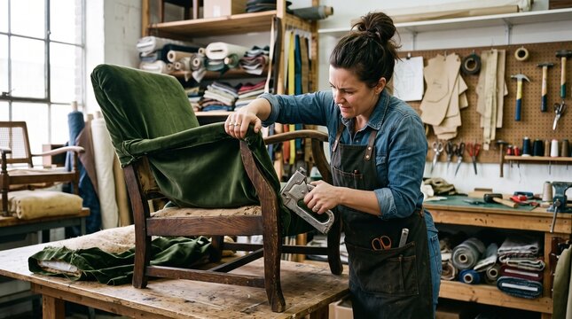 Woman upholstering an antique armchair with green velvet fabric in a workshop