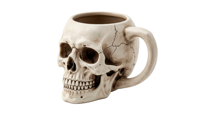 Skull-shaped mug with a sculpted cranium body, hollow drinking opening, integrated curved handle, detailed teeth and eye sockets, and matte ceramic-like finish for spooky Halloween drinkware.
