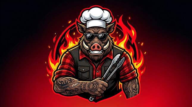 Wild boar chef with sunglasses and grill tongs surrounded by vibrant roaring fire flames