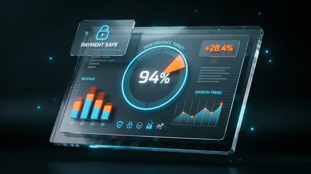 Futuristic financial dashboard with 94 percent performance target, digital data visualization on glass tablet interface, secure payment safe icon and growth trend analytics charts.