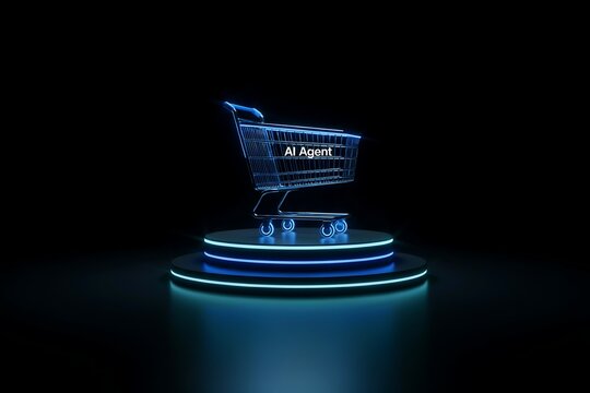 Blue glowing digital wireframe shopping cart on pedestal with shopping wireframe commerce technology abstract platform pedestal marketing business purchase structure illustration consumer