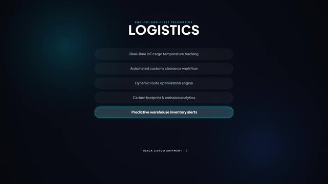 Animated logistics telematics menu. Dark UI fleet management selector overlay. Real-time cargo tracking interface list. Supply chain automation software display. Modern transport analytics component.
