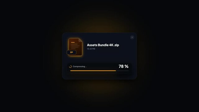 Animated file compression progress window. Dark UI ZIP file archiving card. Assets bundle loading bar interface. Software data compression animation. Modern file processing modal display.