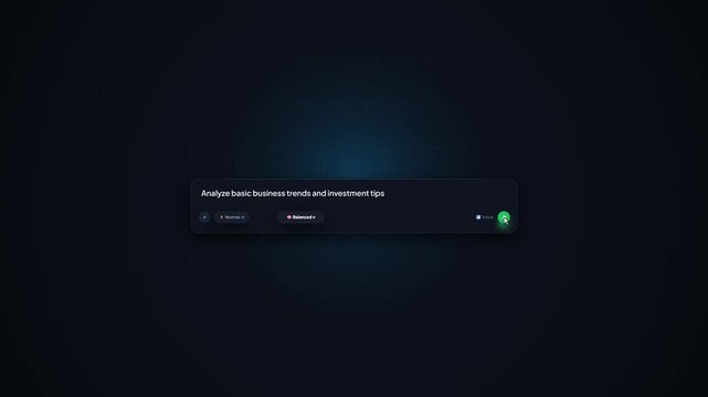 Animated AI search input interface. Dark UI chatbot text bar. Artificial intelligence prompt element template. Modern web application component. Motion design overlay. Minimal dark software mockup.