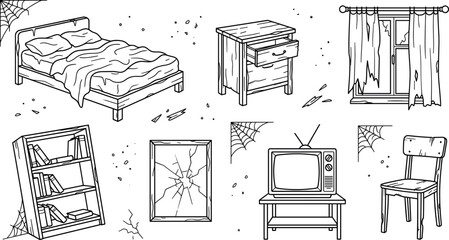 Old abandoned bedroom furniture with broken mirror bed tv stand bookcase and window line art vector illustration set © Md