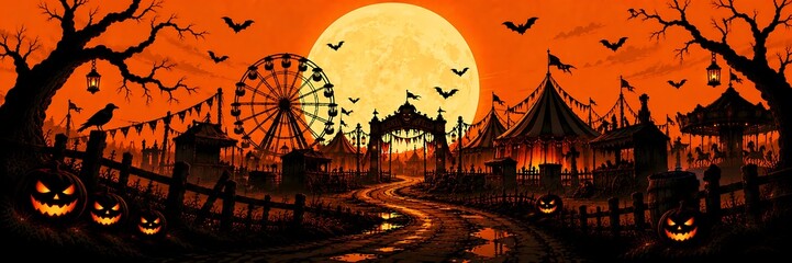 Naklejka premium A spooky carnival at night featuring a full moon a ferris wheel and carved jack o lanterns