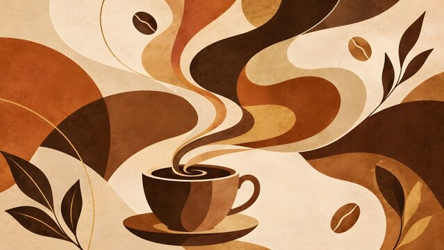 A steaming cup of coffee is depicted within a swirling brown and beige vector illustration