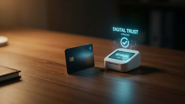 Digital trust hologram hovering over a modern payment terminal on a wooden desk. Secure credit card transaction with approved checkmark icon. Fintech banking and cybersecurity concept.