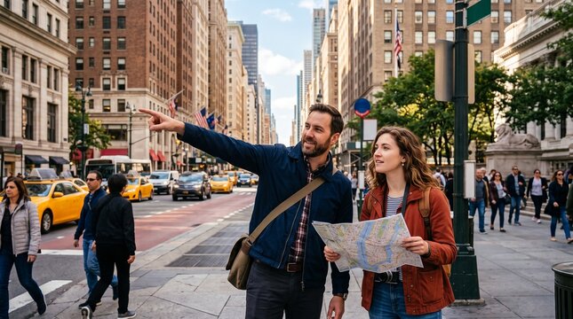 Couple exploring New York City street with map and pointing direction