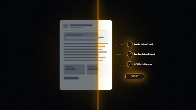 Vendor invoice validation scan overlay. Automated compliance verification graphic. Tax and IBAN check security UI. Financial document scanner. High quality motion overlay