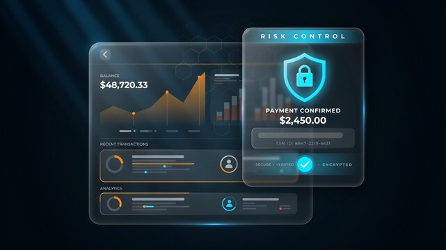 Futuristic financial dashboard with risk control interface, digital banking app showing payment confirmed notification, glassmorphism UI design for secure online investment and trading