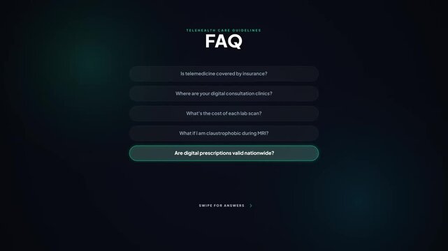 Telehealth FAQ Accordion Interface. Digital Healthcare Consultation Guide. Medical Information Screen. Online Prescription Support. Dark Mode Healthcare UI. Telemedicine Web Template