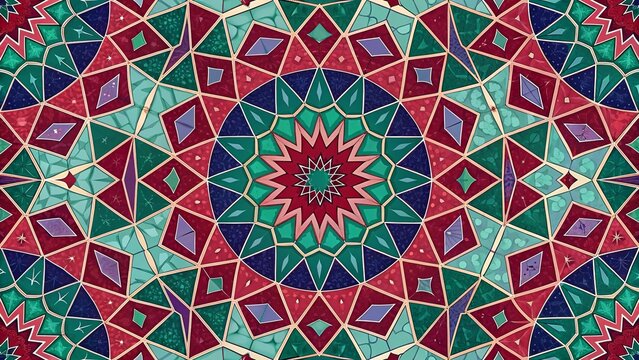 Vibrant seamless geometric kaleidoscope pattern in bold multicolor tones, featuring intricate repeating symmetrical shapes ideal for modern fashion textiles, wallpaper, and colorful packaging design.