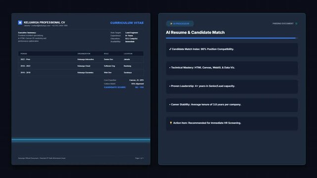 AI Resume Screening System. Candidate Matching Dashboard. Automated HR Recruitment Tool. CV Parsing Interface. Dark Blue Analytics Panel. Intelligent Hiring Software UI