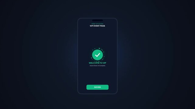 QR Code VIP Event Check In. Digital Ticket Verification Interface. Mobile Access Scanner. Event Security Authentication. Dark Mode Checkin UI. Successful Guest Verification Animation