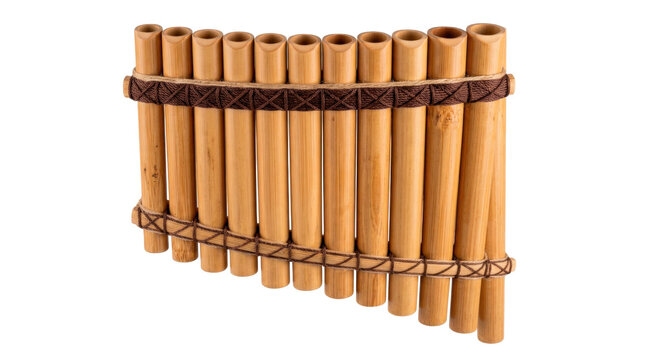 Pan flute with a single bound row of graduated hollow tubes, smooth natural material, neatly aligned openings, and traditional stepped wind instrument construction. Photorealistic studio product