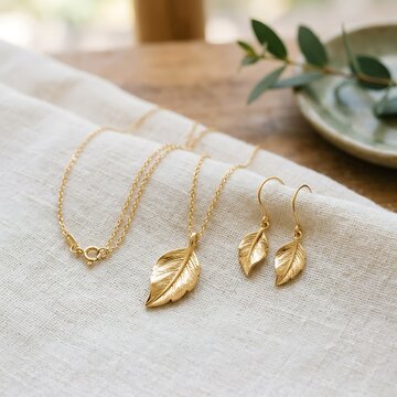 Refined Gold Leaf Jewelry Set on Soft White Linen with Botanical Accent