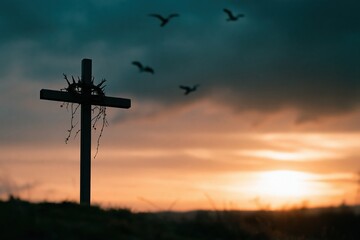 Obraz premium The Cross at Sunset on a Quiet Horizon Symbol of Sacrifice