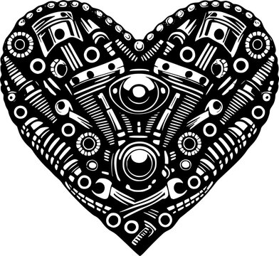 Vintage Heart Motorcycle Parts Silhouette, Classic Biker Motorbike Vector Style Illustration