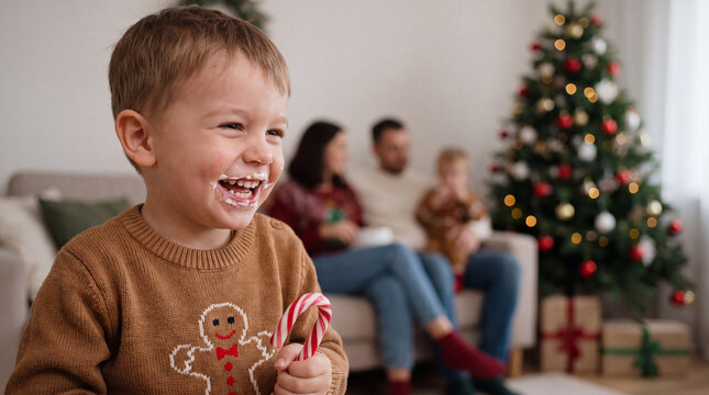 Laughing Caucasian child in a gingerbread man ugly Christmas sweater celebrates festive family Xmas winter holiday celebration for winter poster photography.