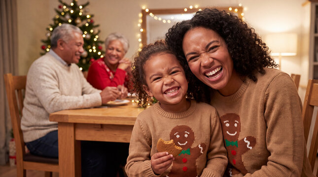 Mixed?race parent and child in matching gingerbread ugly Christmas sweaters make silly faces together for a festive family Xmas winter holiday social media content.