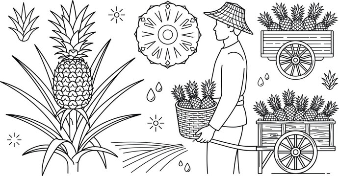 Pineapple farm harvest line art vector set featuring farmer with basket wooden carts fruit plant plantation slice