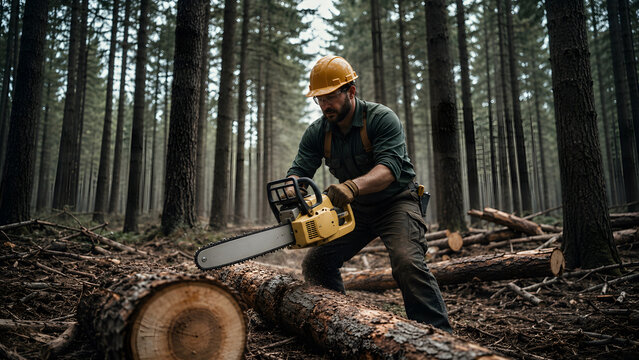 forestry worker cutting logs with chainsaw