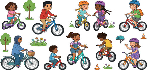 Fototapeta premium Happy diverse children riding bicycles vector element set with kids on bikes wearing safety helmets
