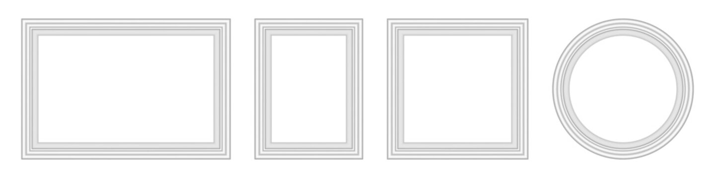 Off-white skirting or molding baseboard wall picture, window, mirror, door frame set with different shapes for modern interior and exterior decor elements on png transparent background. Vector.