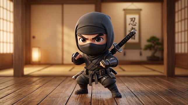 Cute little ninja character standing in a traditional japanese room