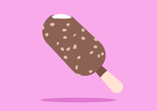 A delicious ice cream treat made with hazelnut and chocolate flavors stands out against a vibrant pink backdrop, This delightful dessert promises a blissful taste experience.