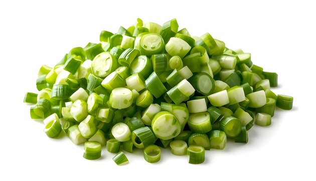 Freshly chopped green onions arranged in a natural pile on a clean white background for culinary use